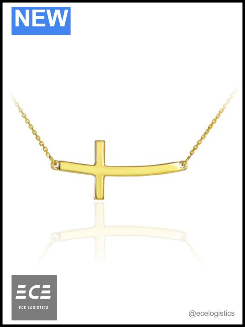 14K Yellow Gold Curved Sideways Cross Necklace Rolo Chain